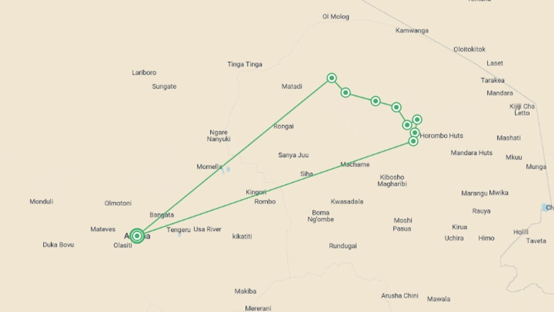 A map showing the tour itinerary for the trip: Kilimanjaro - Lemosho Route, starting in Arusha, Tanzania and ending in Arusha, Tanzania going through 8 other destinations.