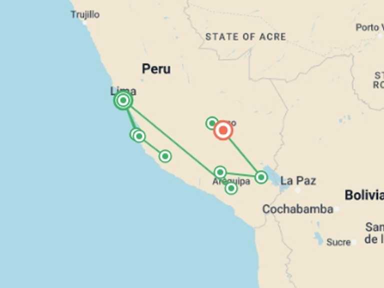 Map itinerary of Colca Canyon Tour in November 2025 with 8 destination visits for the trip: Mysterious Peru, Italian-speaking Guide
