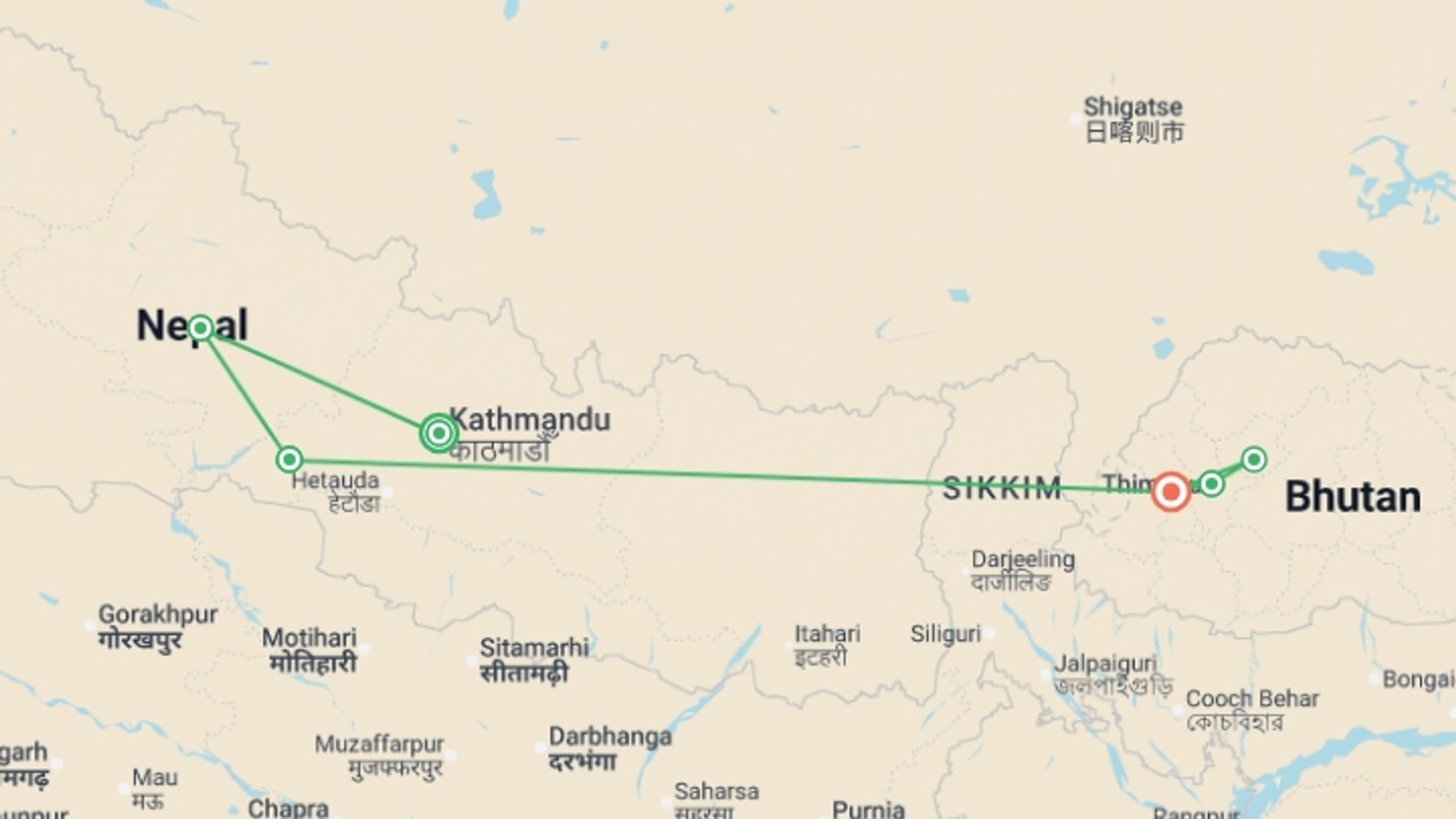 A map showing the tour itinerary for the trip: Nepal & Bhutan Explorer, starting in Kathmandu, Nepal and ending in Paro, Bhutan going through 4 other destinations.