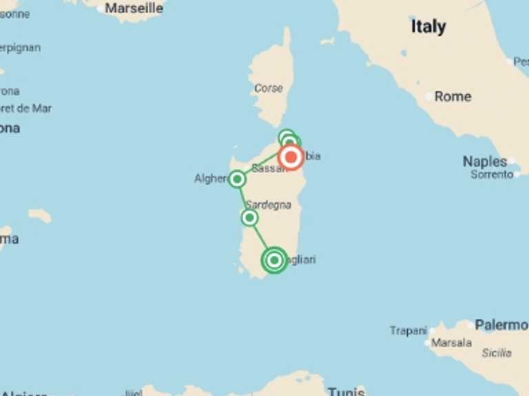 Map itinerary of Italy Tour in June 2026 with 5 destination visits for the trip: Best Of Sardinia, Self-drive