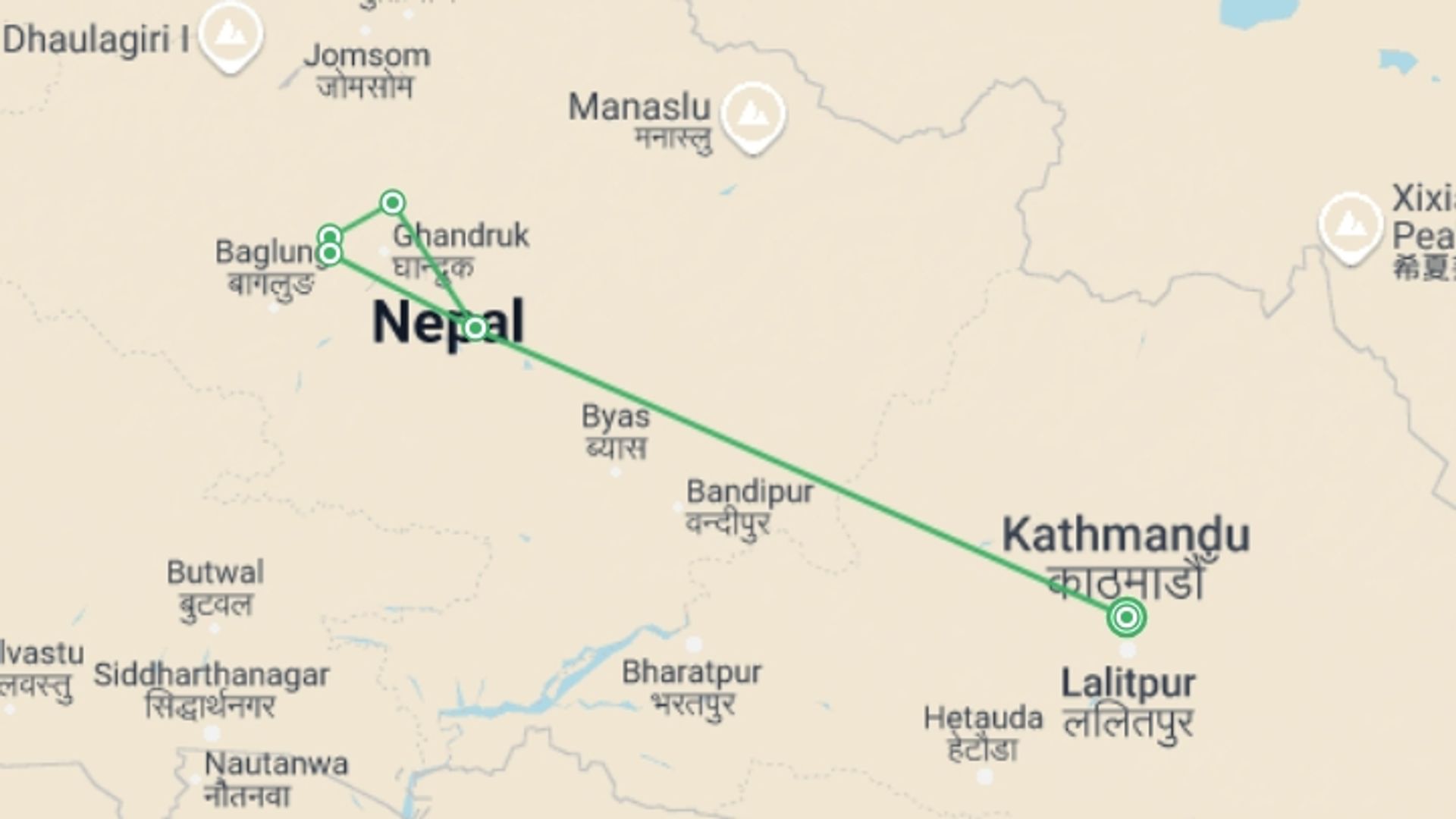 A map showing the tour itinerary for the trip: Annapurna View Trek, starting in Kathmandu, Nepal and ending in Kathmandu, Nepal going through 5 other destinations.