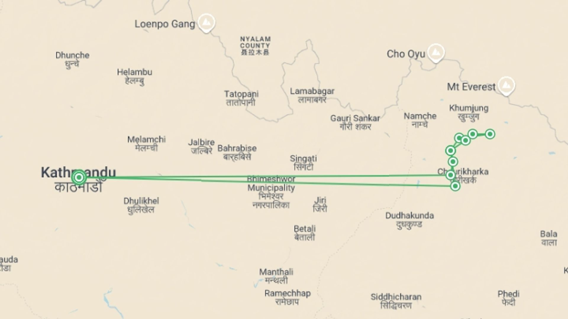 A map showing the tour itinerary for the trip: Everest Trails to Ama Dablam Base Camp, starting in Kathmandu, Nepal and ending in Kathmandu, Nepal going through 8 other destinations.