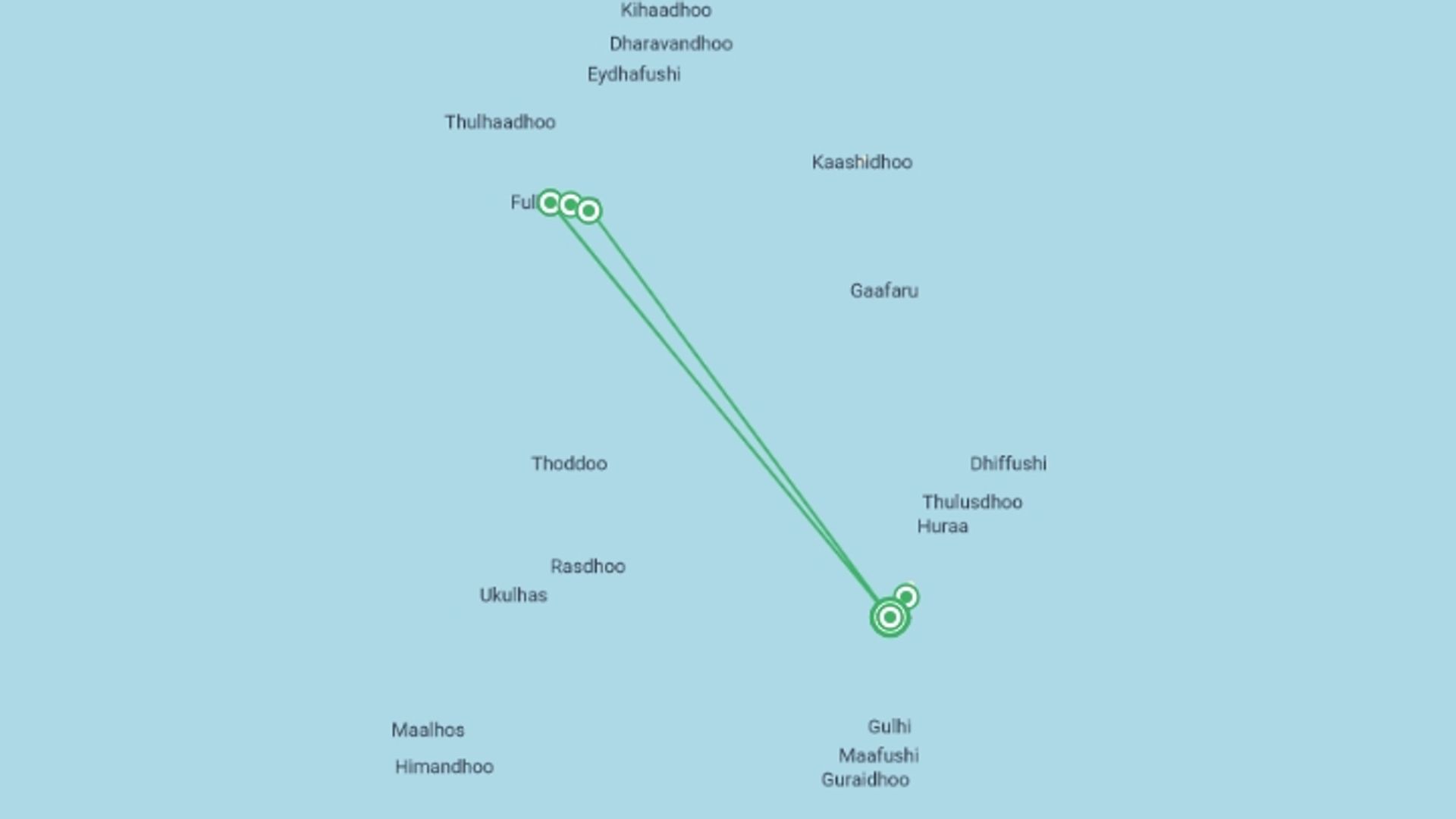 A map showing the tour itinerary for the trip: Private Maldives Goidhoo Atoll Adventure - 8 days, starting in Male, Maldives and ending in Male, Maldives going through 4 other destinations.