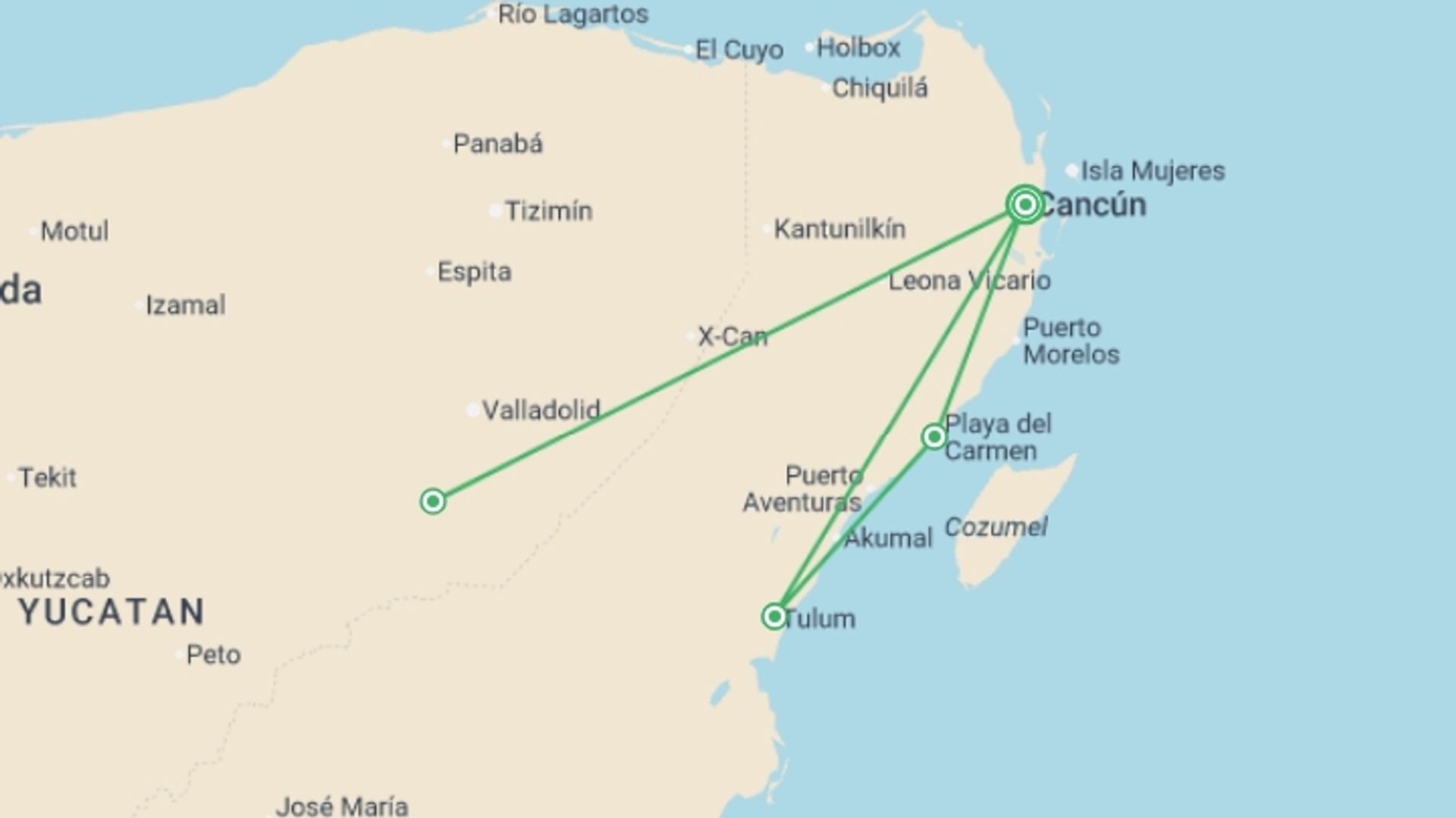 A map showing the tour itinerary for the trip: Riviera Maya Adventure 7D/6N, starting in Cancún, Mexico and ending in Cancún, Mexico going through 2 other destinations.
