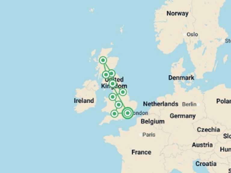 Map of London Natural landmarks sightseeing Tour with 9 destination visits for the trip: England and Scotland