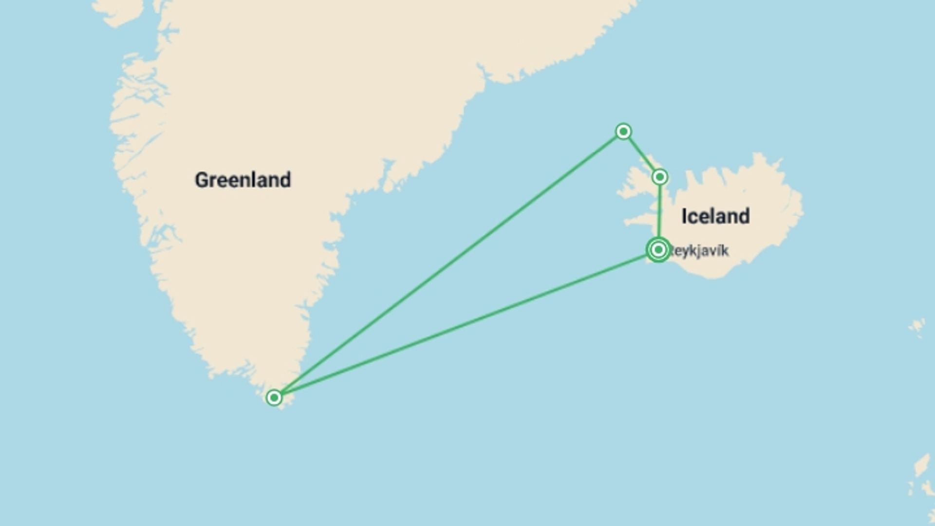 A map showing the tour itinerary for the trip: Iceland to Greenland: Mountains, Glaciers and the Westfjords, starting in Reykjavik, Iceland and ending in Reykjavik, Iceland going through 3 other destinations.