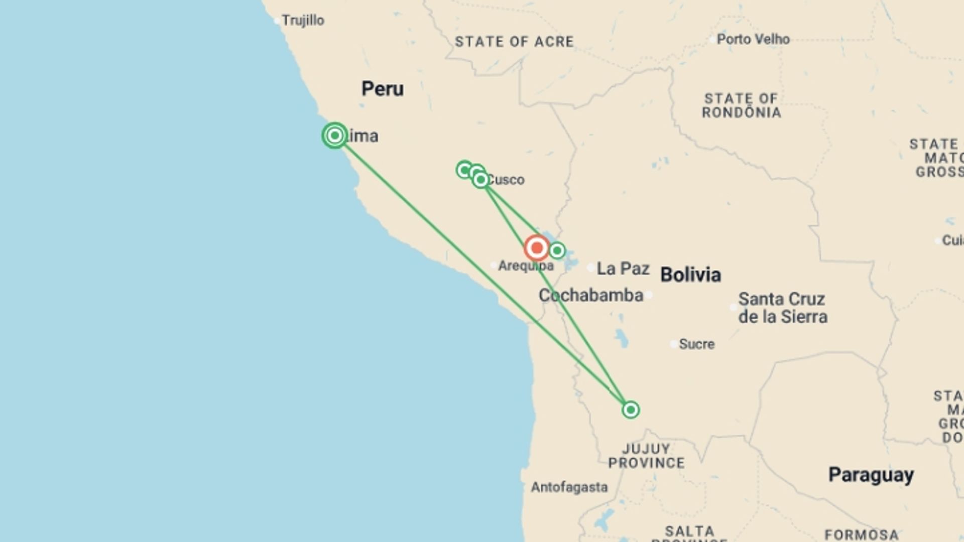 A map showing the tour itinerary for the trip: Best of Peru, starting in Lima, Peru and ending in Puno, Peru going through 7 other destinations.