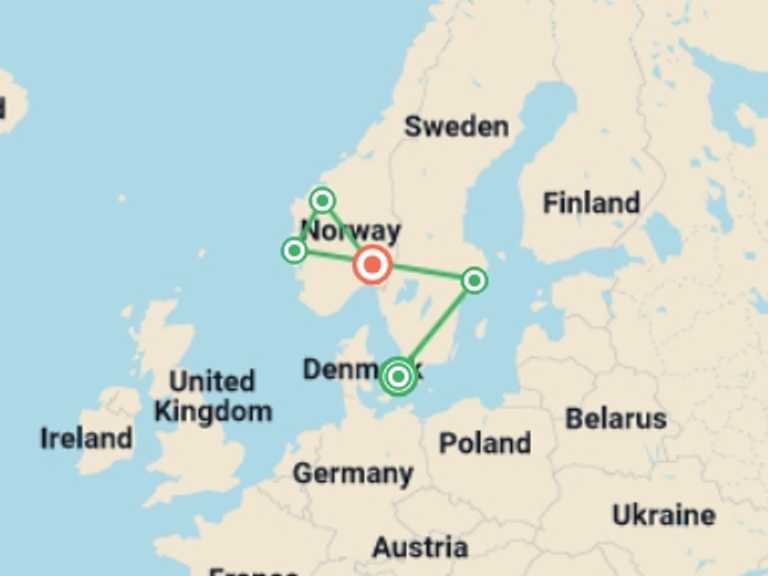 Map of Europe Tour with 5 destination visits for the trip: Timeless Scandinavia