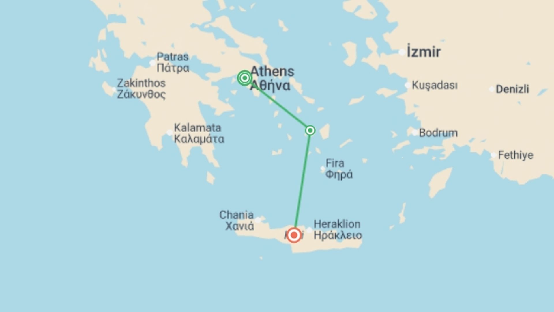 A map showing the tour itinerary for the trip: Greece Family Journey: Stories of the Past, starting in Athens, Greece and ending in Crete, Greece going through 1 other destinations.