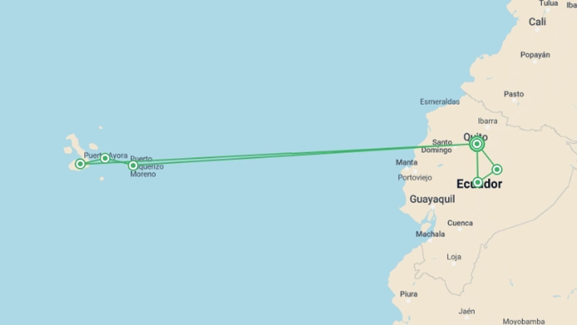 A map showing the tour itinerary for the trip: Ecuador and Galapagos Island Hopper, starting in Quito, Ecuador and ending in Quito, Ecuador going through 6 other destinations.