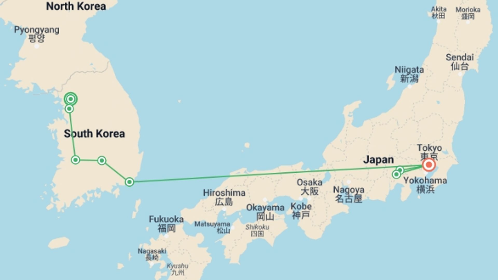 A map showing the tour itinerary for the trip: Korea, Tokyo, and Mount Fuji, starting in Seoul, South Korea and ending in Tokyo, Japan going through 2 other destinations.