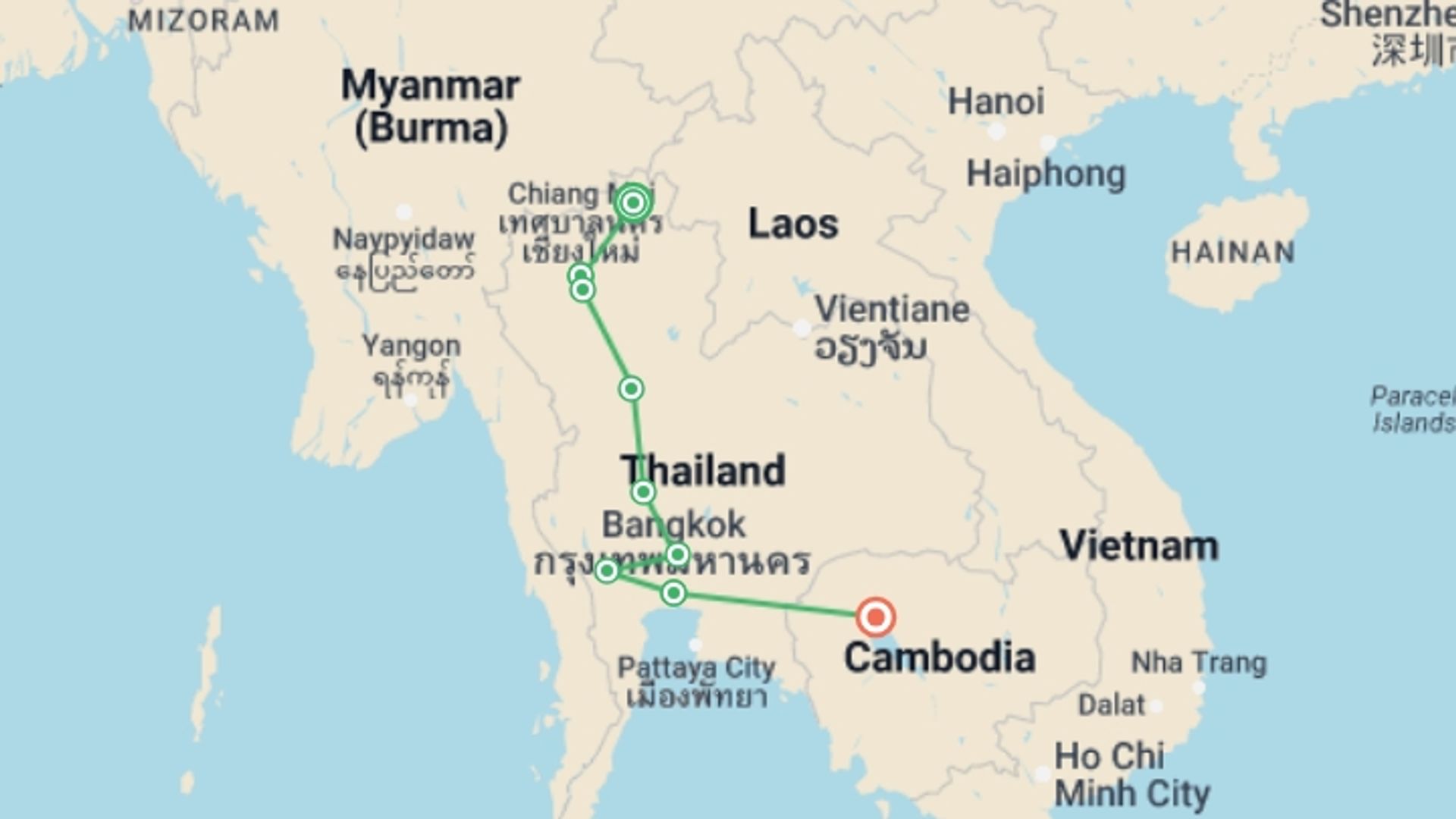 A map showing the tour itinerary for the trip: Thailand Grand Tour & Cambodia Package, Small Group Tour (english Only), starting in Mueang Chiang Rai, Thailand and ending in Mueang Chiang Rai, Thailand going through 7 other destinations.