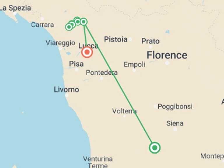 Map of Lucca Tour with 7 destination visits for the trip: Walking in Tuscany's Apuane Alps