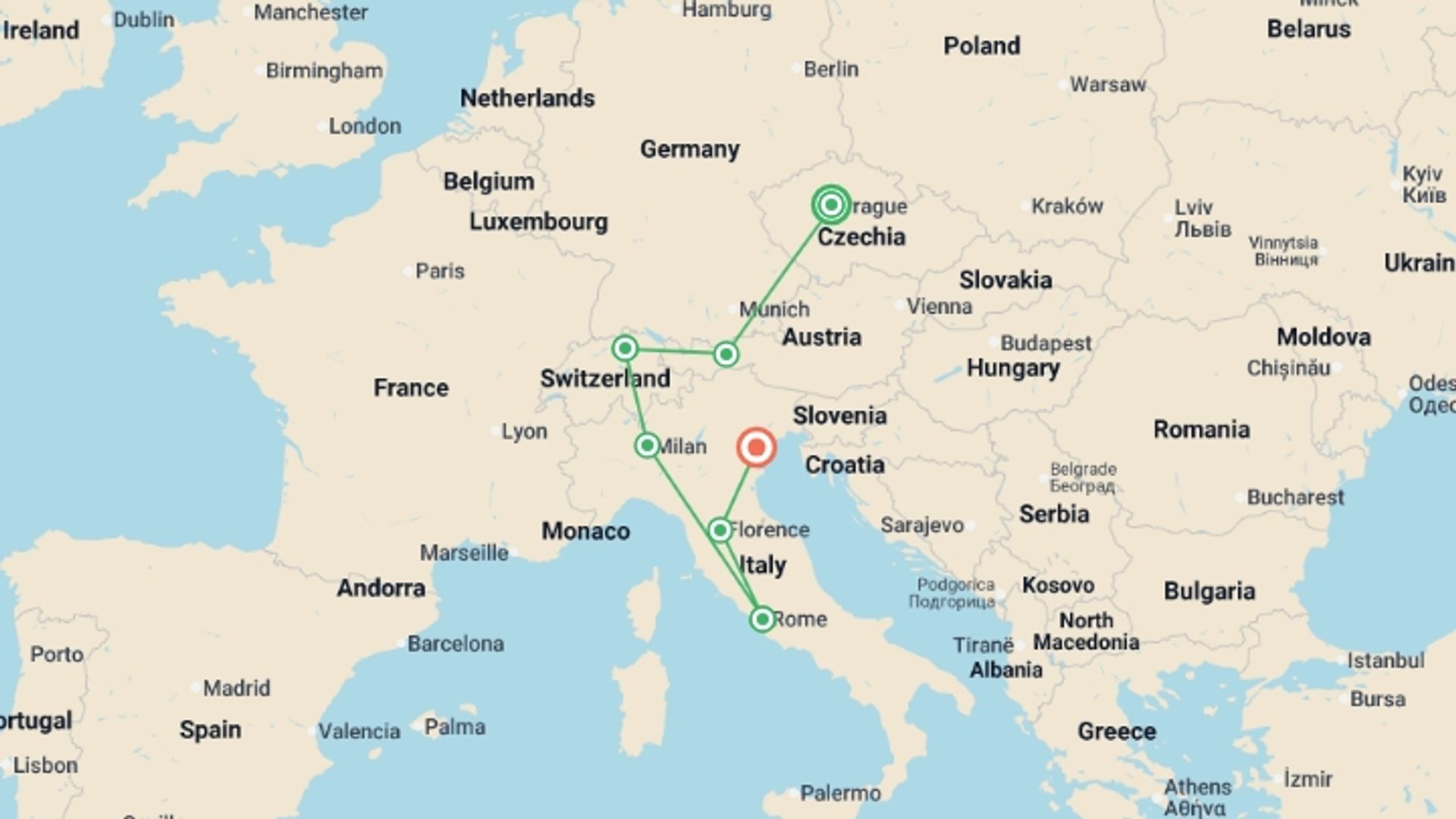 A map showing the tour itinerary for the trip: A Four Seasons Journey, starting in Prague, Czech Republic and ending in Venice, Italy going through 5 other destinations.
