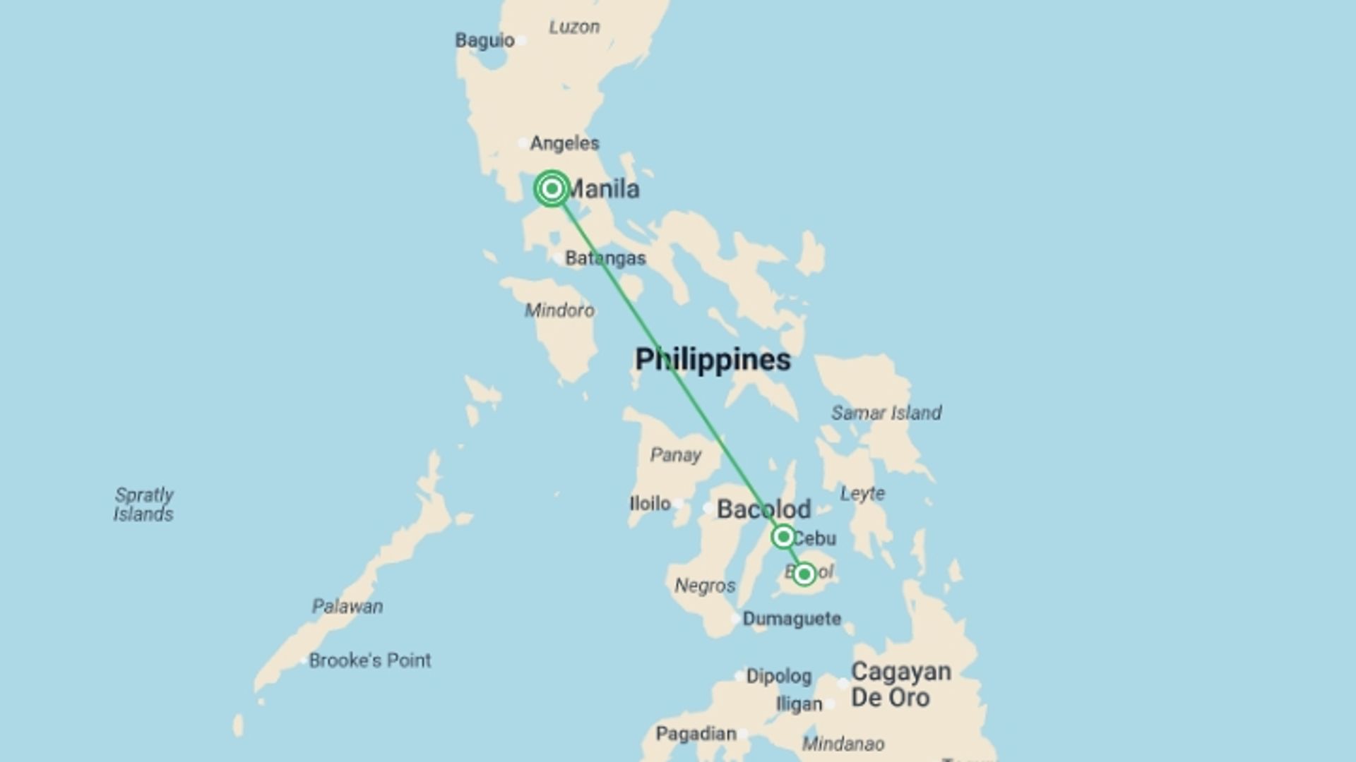 A map showing the tour itinerary for the trip: Best of the Philippines, starting in Manila, Philippines and ending in Manila, Philippines going through 2 other destinations.
