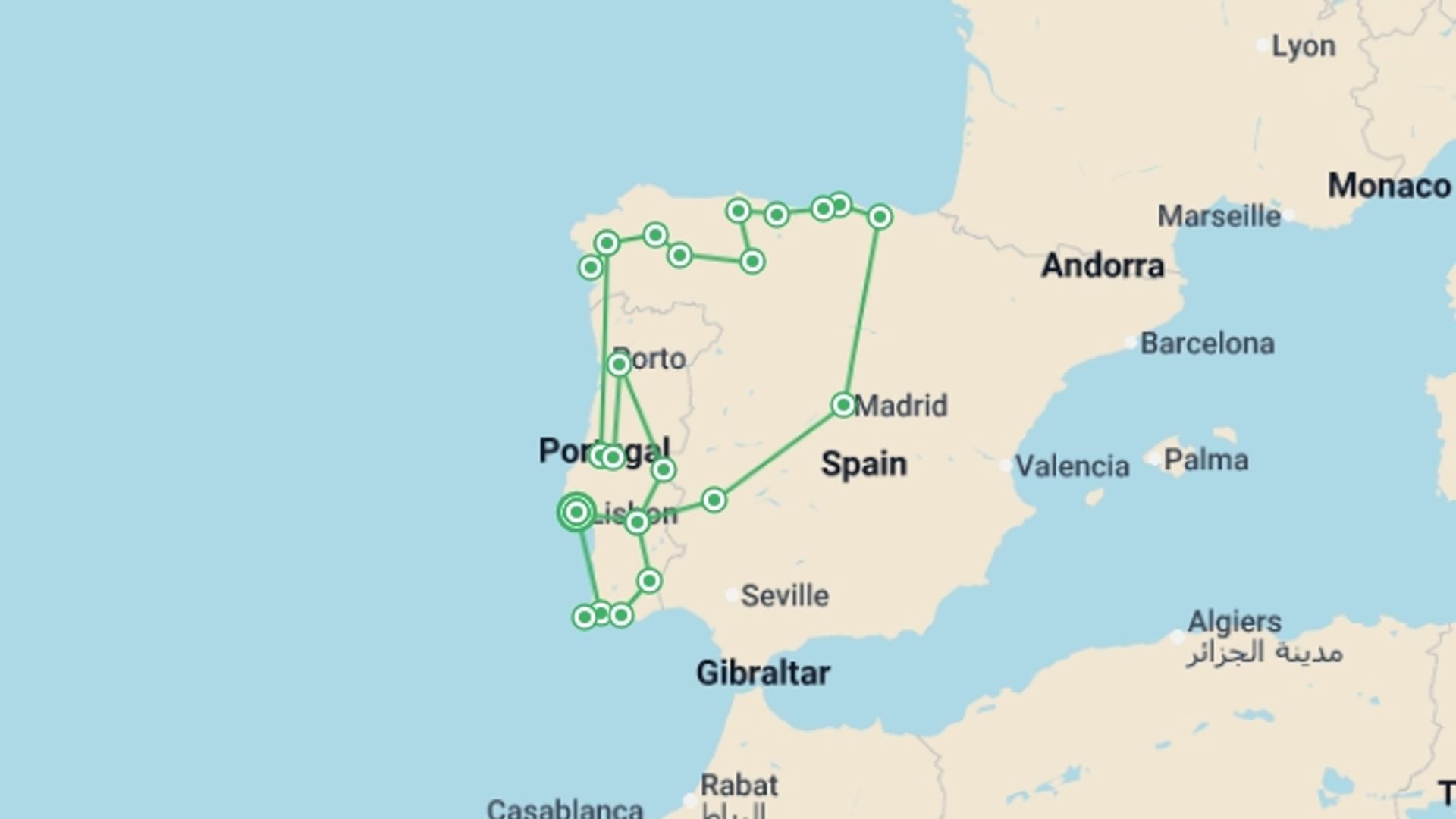A map showing the tour itinerary for the trip: Complete Portugal and Northern Spain end Lisbon, starting in Lisbon, Portugal and ending in Lisbon, Portugal going through 7 other destinations.