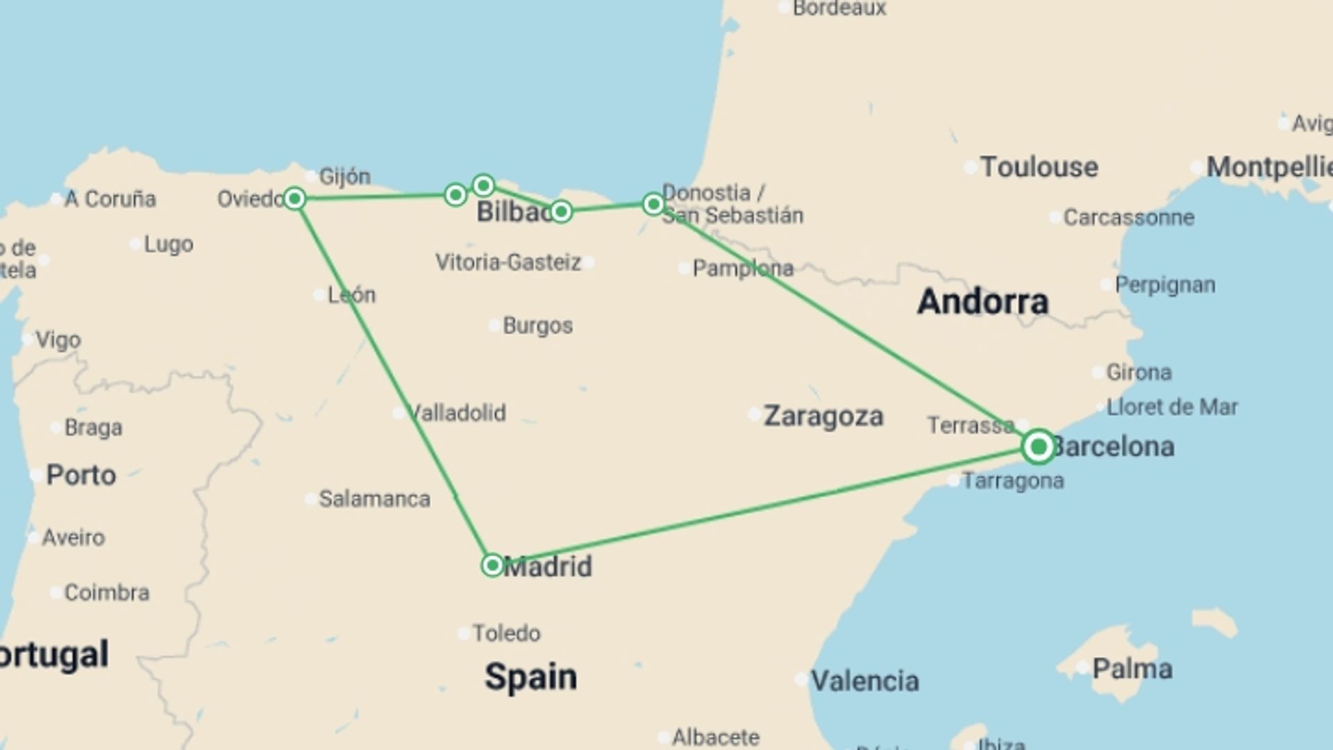 A map showing the tour itinerary for the trip: 4 Day Guided Tour Basque Country And Oviedo From Barcelona (c-742), starting in Barcelona, Spain and ending in Barcelona, Spain going through 4 other destinations.