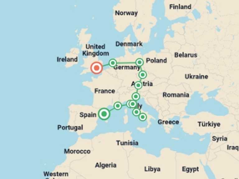 Map of Mediterranean Tour with 12 destination visits for the trip: Barcelona to London Quest