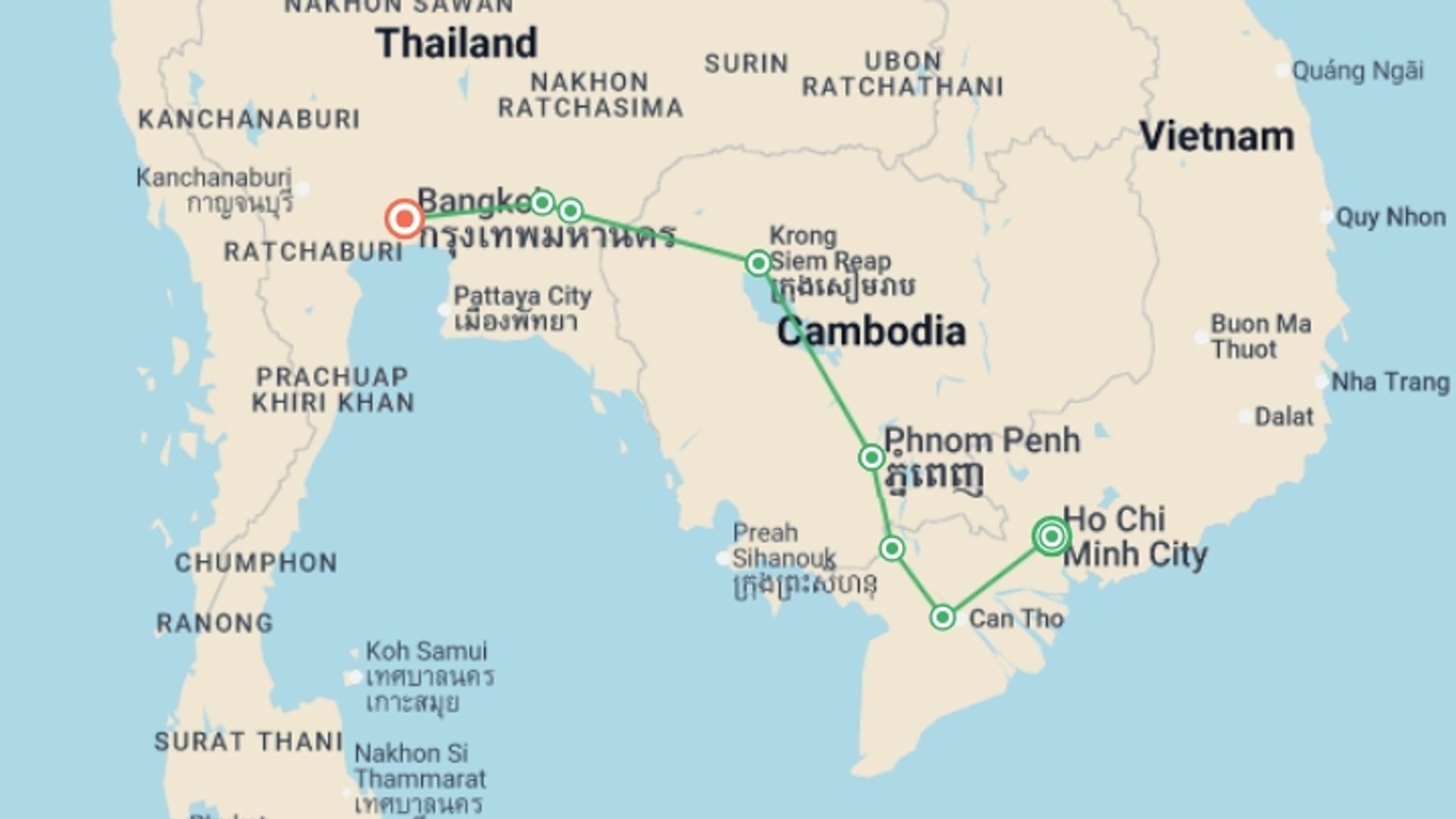 A map showing the tour itinerary for the trip: Cycle Vietnam, Cambodia & Thailand, starting in Ho Chi Minh City, Vietnam and ending in Bangkok, Thailand going through 6 other destinations.