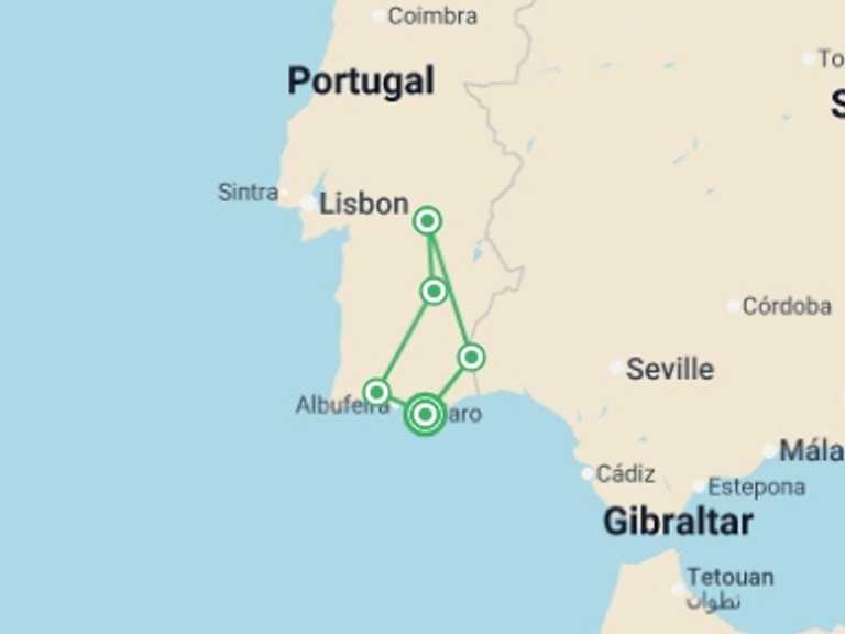 Map of Portugal Tour with 5 destination visits for the trip: Hidden Secrets Of Algarve & Alentejo, Self-drive