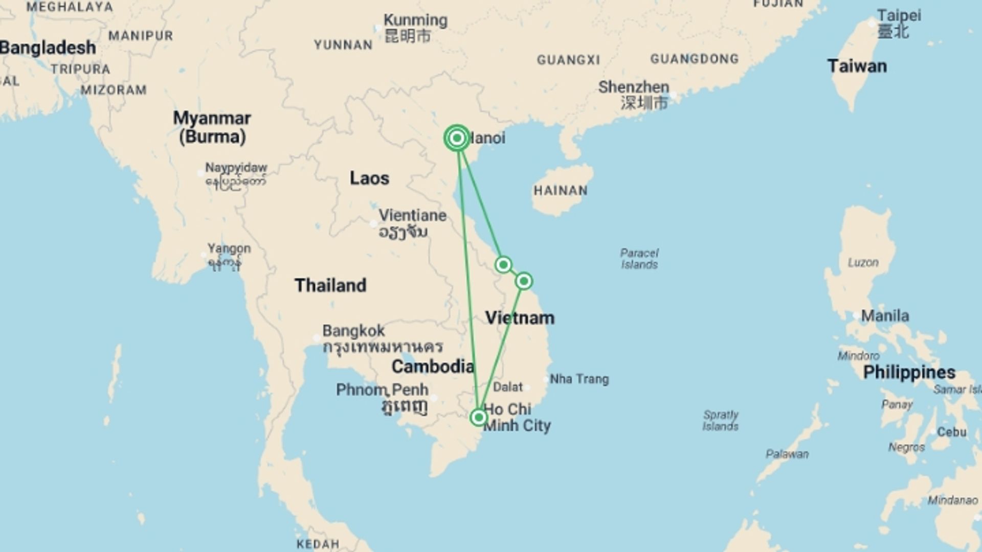 A map showing the tour itinerary for the trip: Vietnam Highlights, starting in Hà nội, Vietnam and ending in Hanoi, Vietnam going through 5 other destinations.