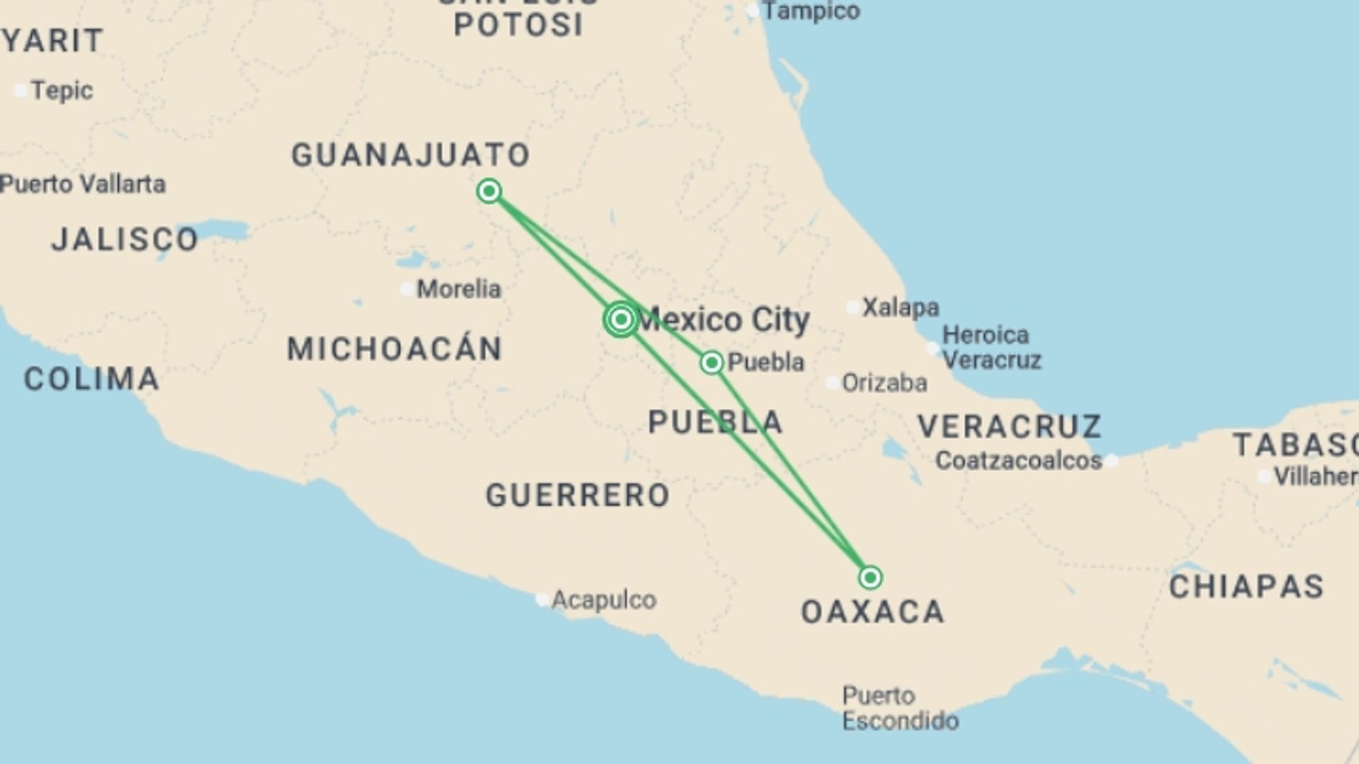 A map showing the tour itinerary for the trip: Magical Escapes, starting in Mexico City, Mexico and ending in Mexico City, Mexico going through 3 other destinations.