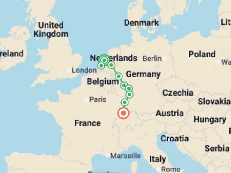 Map itinerary of Europe Tour in April 2027 with 9 destination visits for the trip: Remarkable Rhine & Historic Holland (2027)