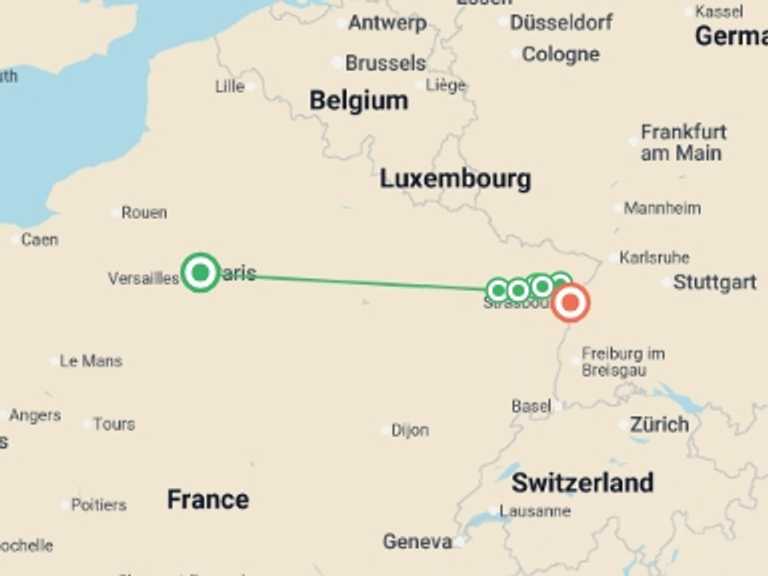 Map itinerary of Strasbourg Tour in October 2025 with 7 destination visits for the trip: A Charming Cruise through Lorraine and Alsace and along the Marne-Rhine Canal (port-to-port cruise)