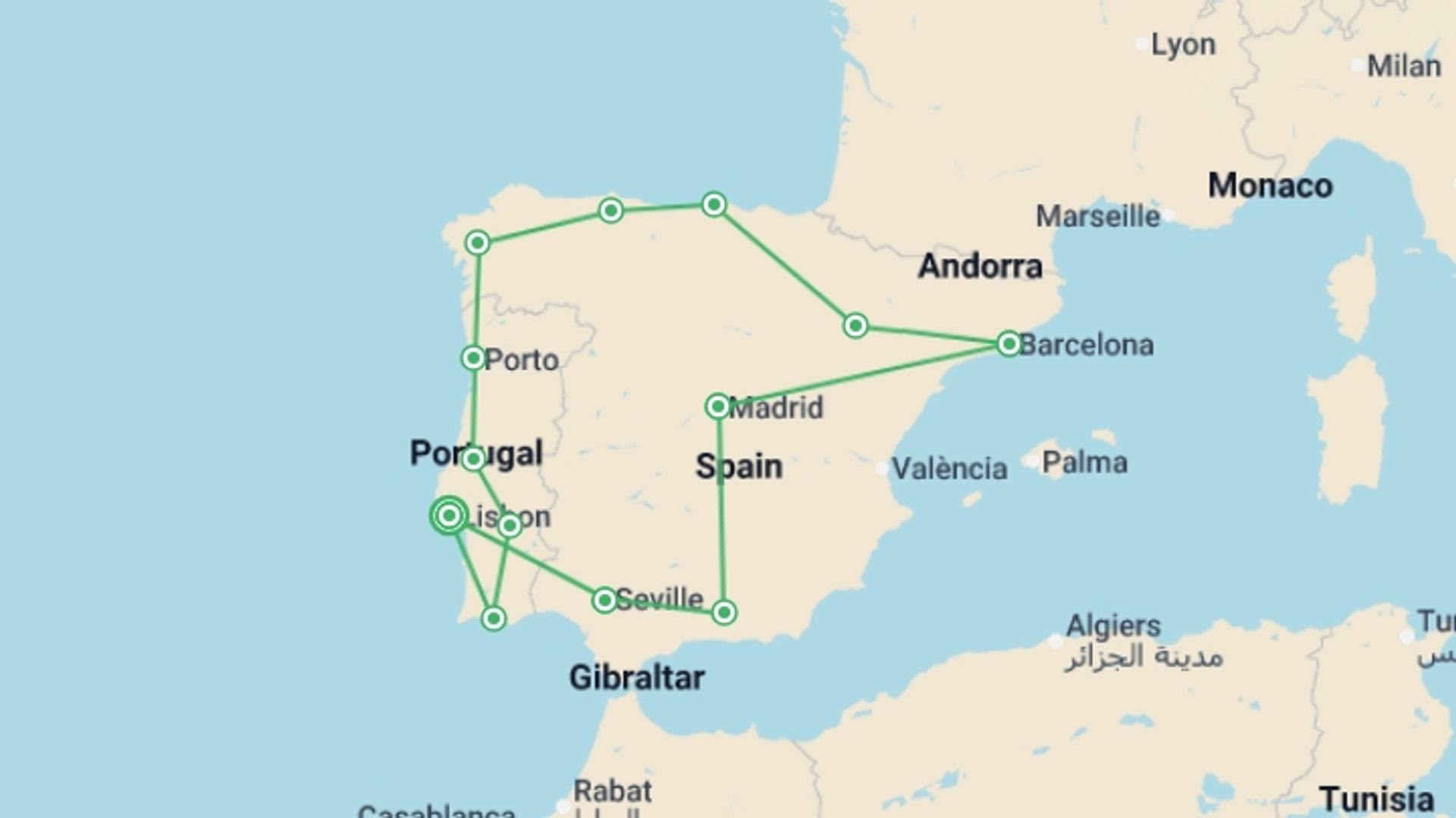 A map showing the tour itinerary for the trip: Iberian Circuit (Without Alhambra), starting in Lisbon, Portugal and ending in Lisbon, Portugal going through 12 other destinations.