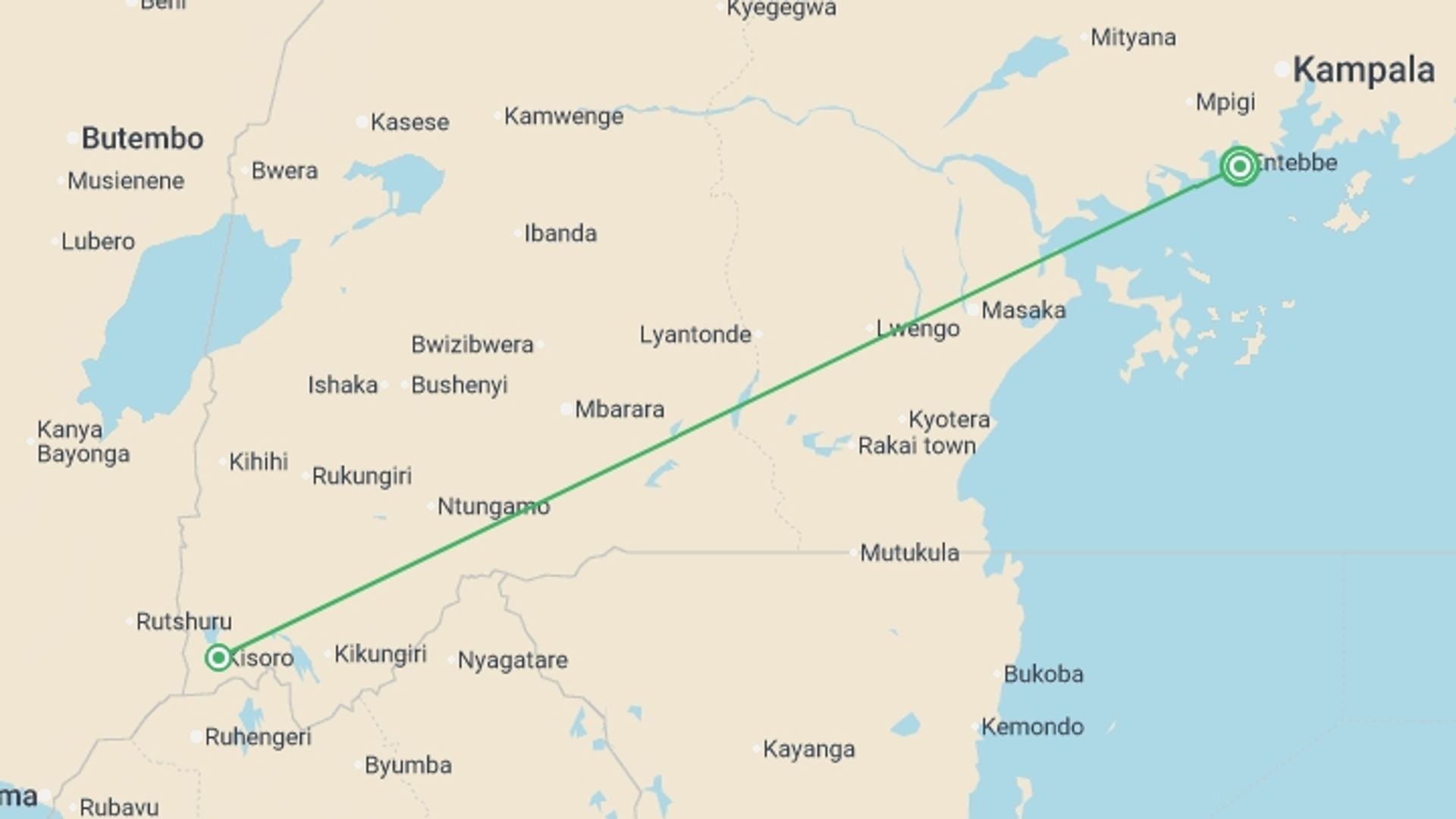 A map showing the tour itinerary for the trip: Gorillas & Volcanoes Safari 6D/5N, starting in Entebbe, Uganda and ending in Entebbe, Uganda going through 2 other destinations.