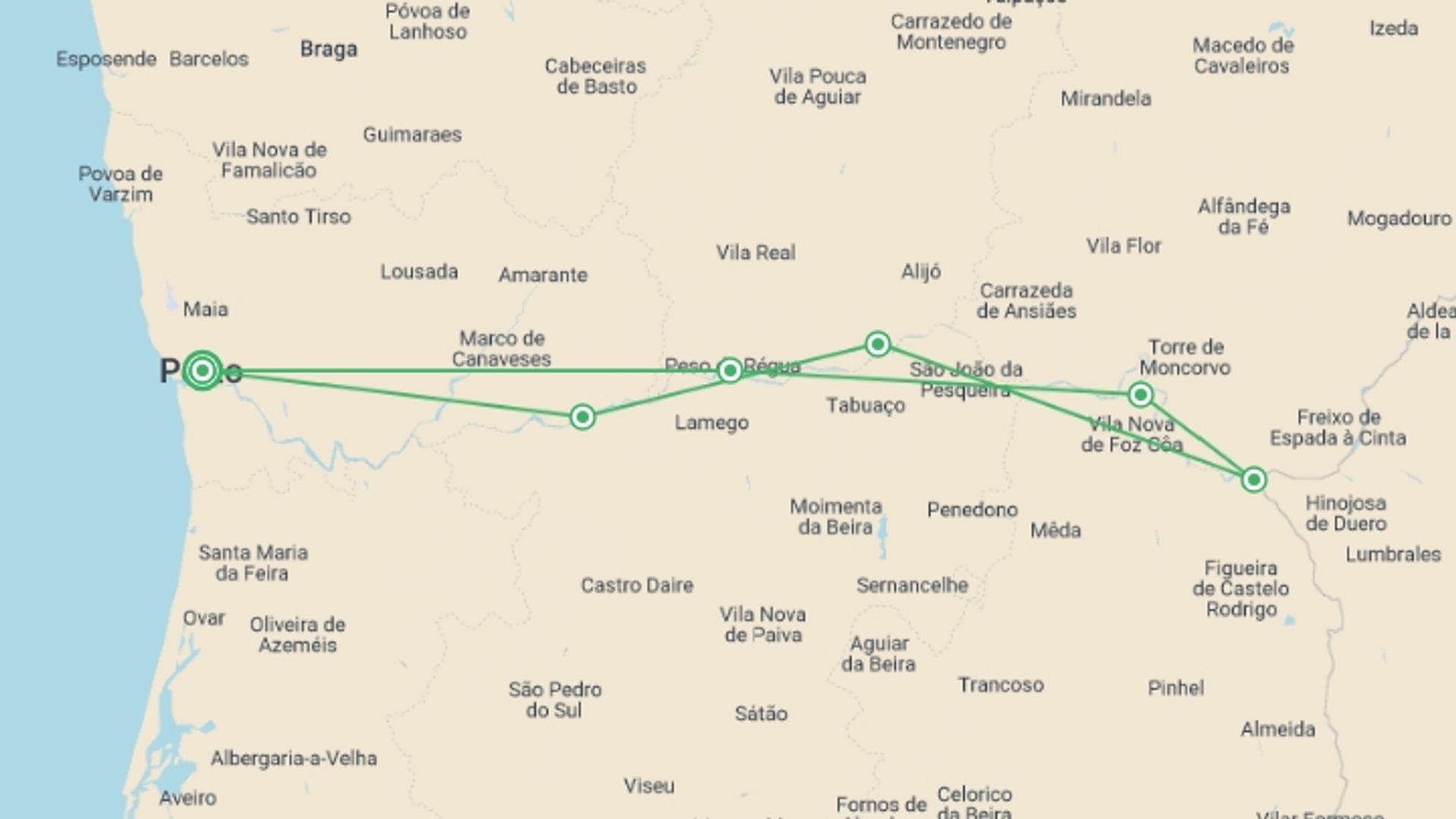 A map showing the tour itinerary for the trip: Magical Douro Cruise, starting in Porto, Portugal and ending in Porto, Portugal going through 7 other destinations.