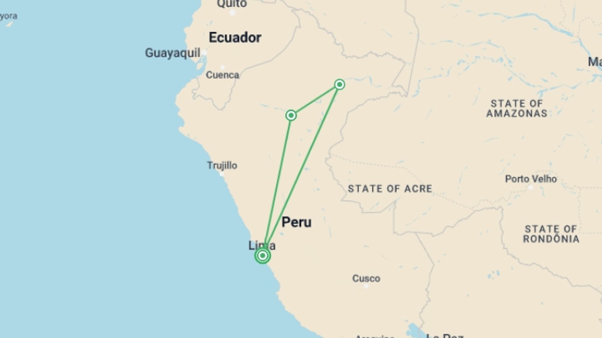 A map showing the tour itinerary for the trip: Amazon Riverboat Adventure In Depth, starting in Lima, Peru and ending in Lima, Peru going through 3 other destinations.