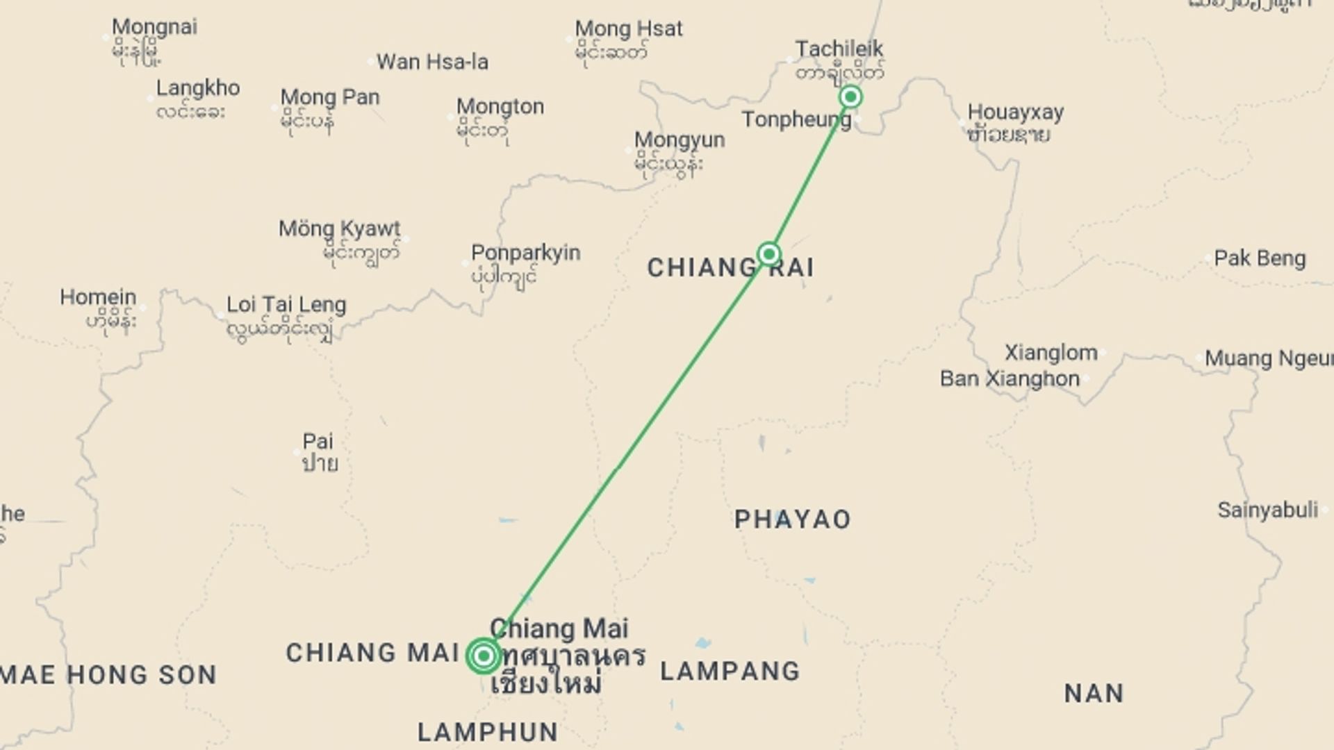 A map showing the tour itinerary for the trip: Chiang Mai To Chiang Rai, Small Group Tour, starting in Chiang Mai, Thailand and ending in Chiang Mai, Thailand going through 1 other destinations.