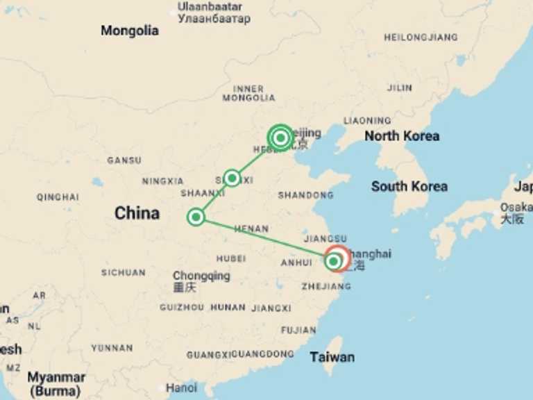 Map of 10-Day China Tour with 4 destination visits for the trip: Beijing, Xi'an & Shanghai - 10 days