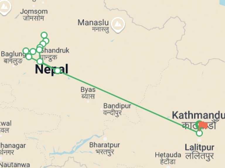 Map of Pokhara Trekking and Hiking Tour with 12 destination visits for the trip: Annapurna Base Camp Trek