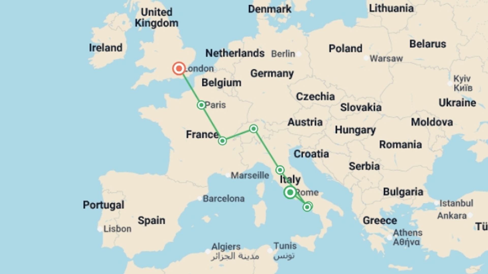A map showing the tour itinerary for the trip: Rome to London Vistas, starting in Rome, Italy and ending in London, England going through 5 other destinations.