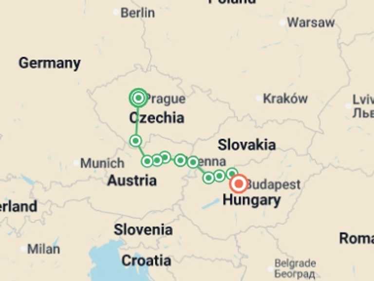 Map itinerary of Europe Tour in Fall with 11 destination visits for the trip: Cycle Central Europe & the Danube
