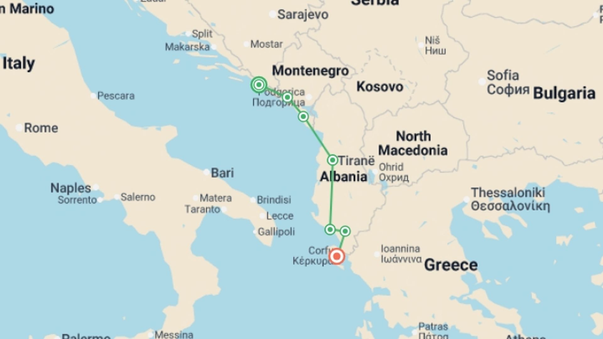A map showing the tour itinerary for the trip: Essential Southern Balkans, starting in Dubrovnik, Croatia and ending in Corfu, Greece going through 4 other destinations.