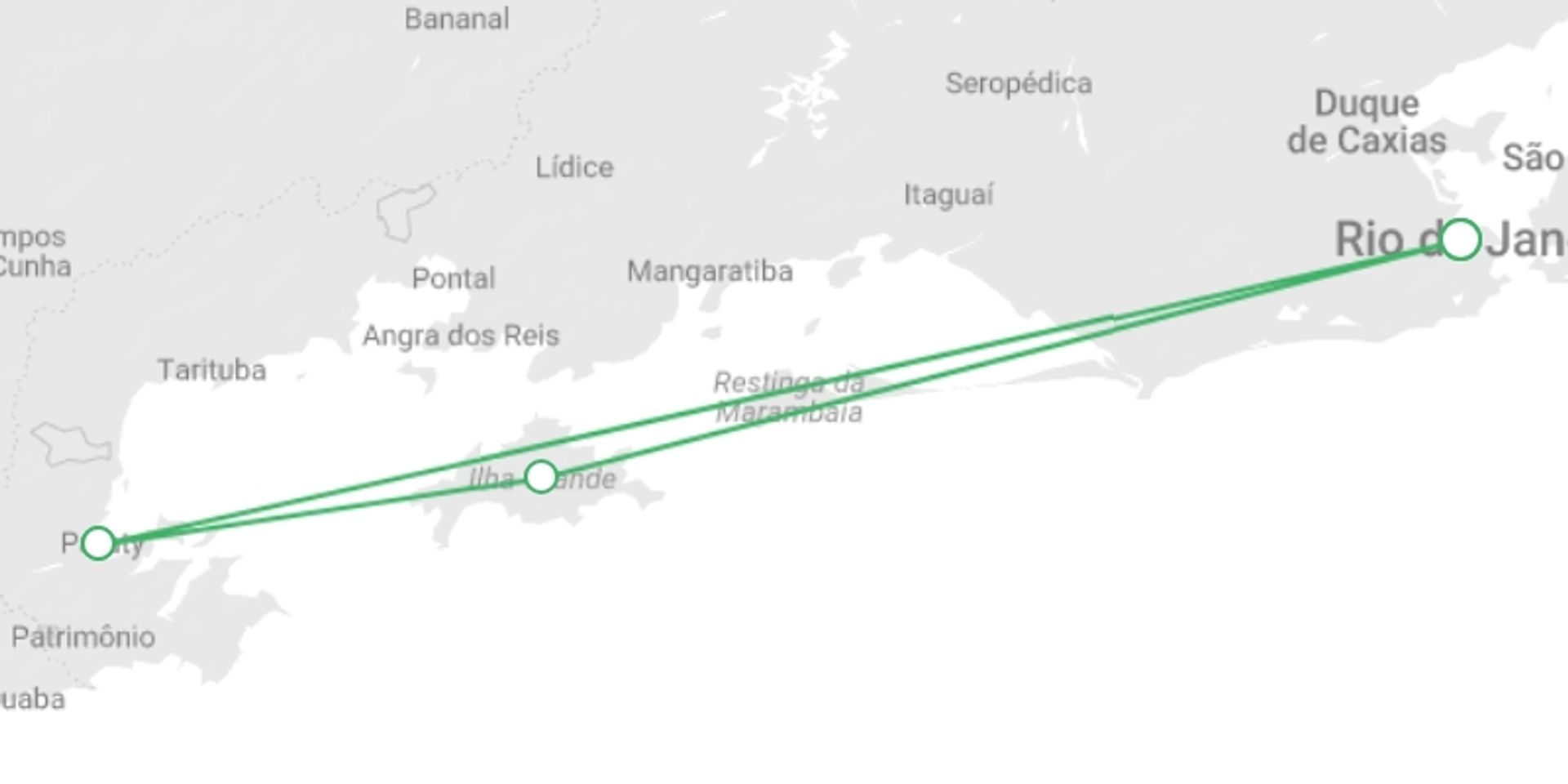 A map showing the tour itinerary for the trip: Rio Carnival & Costa Verde Adventure 10D/9N, starting in Rio de Janeiro, Brazil and ending in Rio de Janeiro, Brazil going through 3 other destinations.
