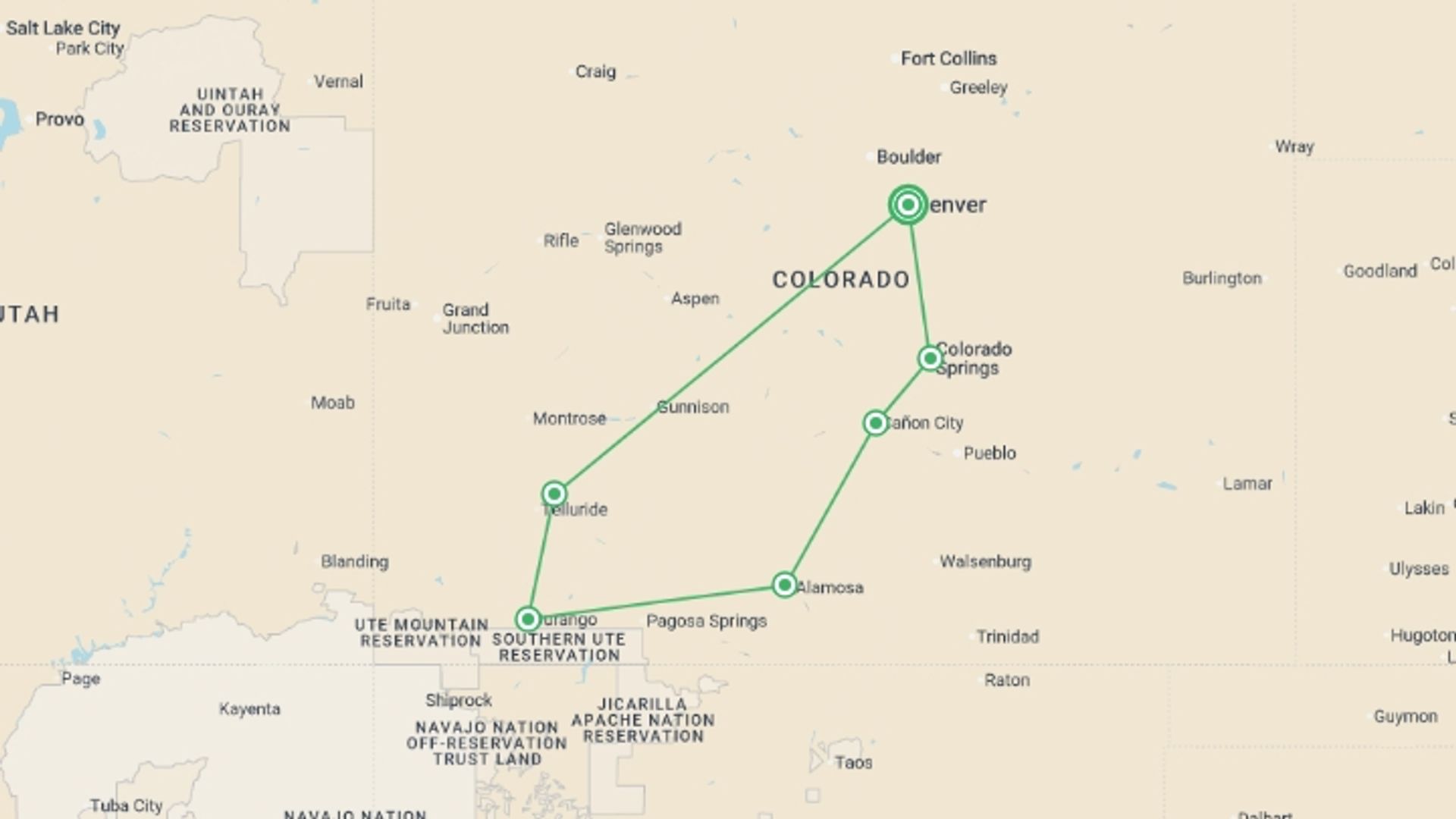 A map showing the tour itinerary for the trip: Colorado & Old West Railroads 2027 - 7 days, starting in Denver, USA and ending in Denver, USA going through 4 other destinations.