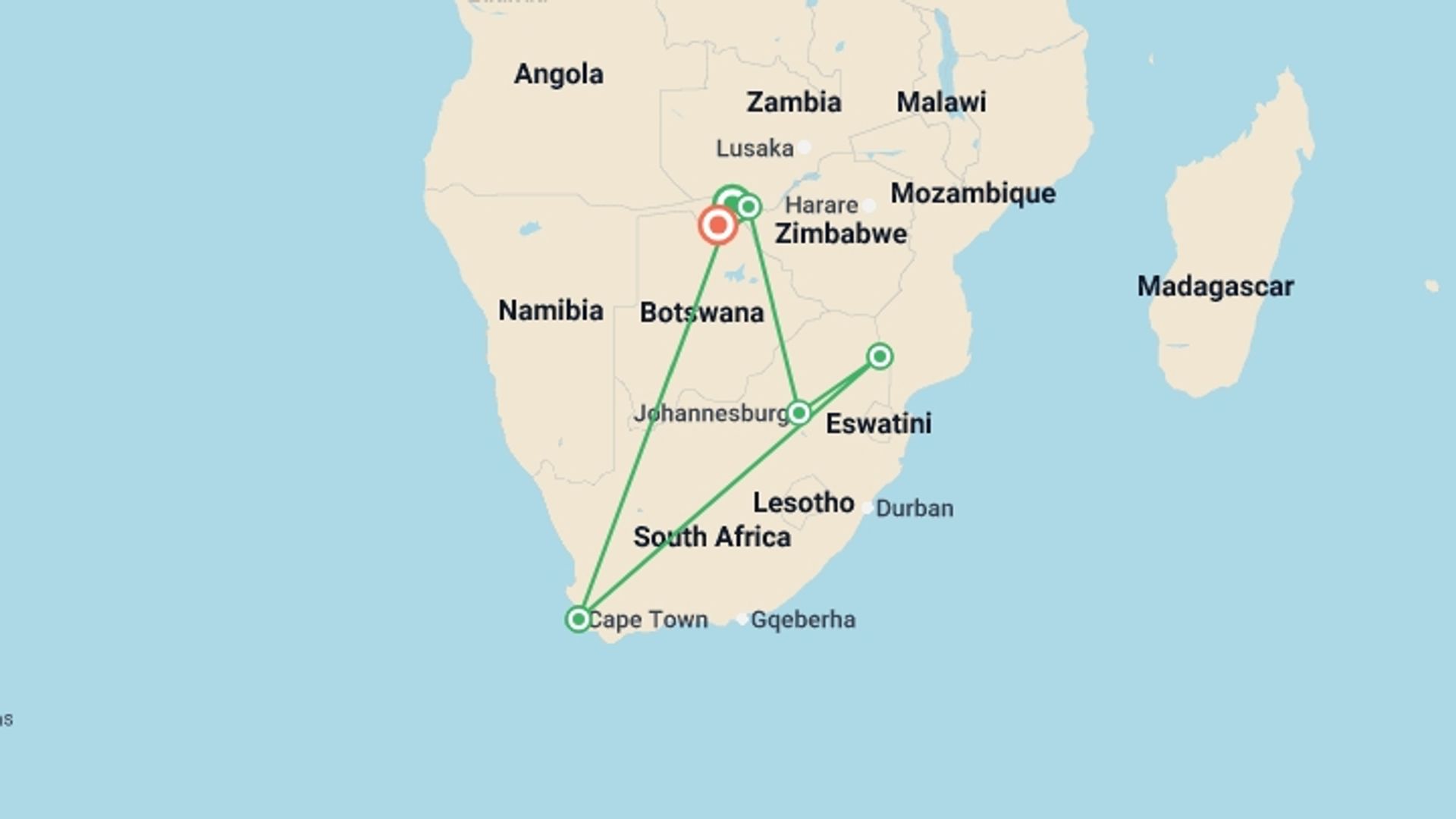 A map showing the tour itinerary for the trip: Cape, Safari and Falls, starting in Kasane, Botswana and ending in Chobe National Park, Botswana going through 4 other destinations.