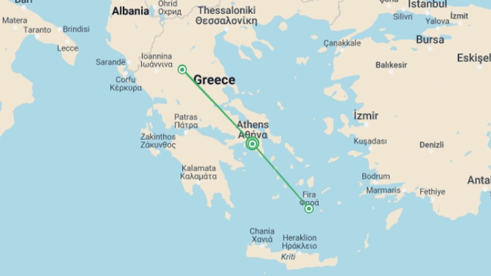 A map showing the tour itinerary for the trip: Highlights of Greece Tour - 8 Days, starting in Athens, Greece and ending in Athens, Greece going through 5 other destinations.
