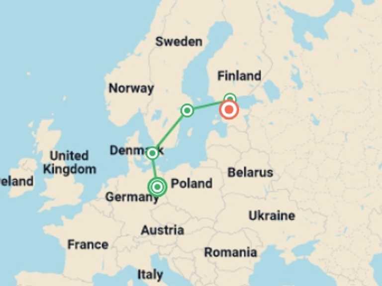 Map of Europe Explorer Tour with 5 destination visits for the trip: Explore Berlin to Tallinn