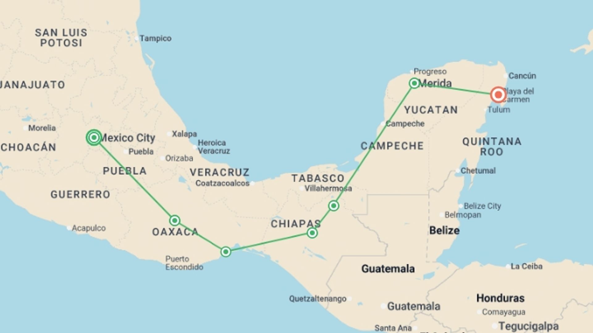 A map showing the tour itinerary for the trip: Best of Mexico, starting in Mexico City, Mexico and ending in Playa Del Carmen, Mexico going through 5 other destinations.