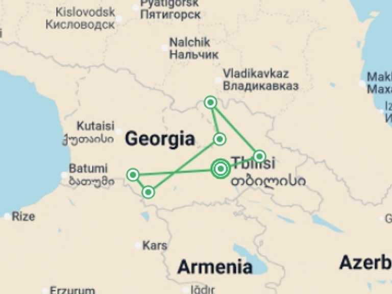 Map itinerary of Europe Tour in October 2026 with 6 destination visits for the trip: A Week in Georgia