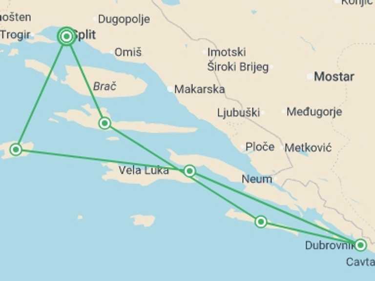 Map of Balkans Art and architecture Tour with 6 destination visits for the trip: Delightful Dalmatia Cruise, 8 Days On Deluxe Yacht
