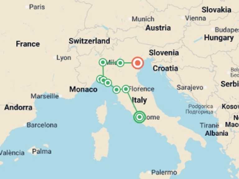 Map of a City sightseeing Tour with 6 destination visits for the trip: Discover Italy