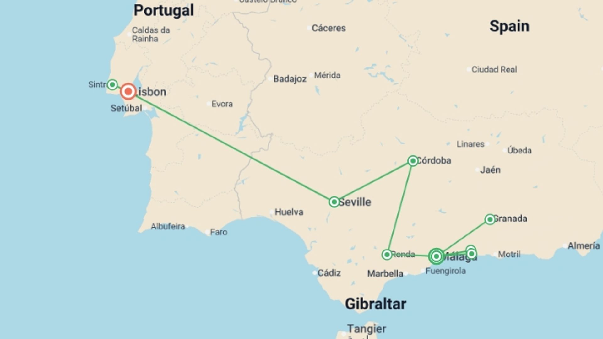 A map showing the tour itinerary for the trip: Exploring Iberia: Southern Spain to Coastal Portugal , starting in Malaga, Spain and ending in Lisbon, Portugal going through 3 other destinations.