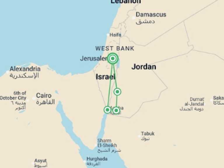 Map of Petra Trekking and Hiking Tour with 3 destination visits for the trip: Petra & Wadi Rum Experience 3D/2N (from Jerusalem)