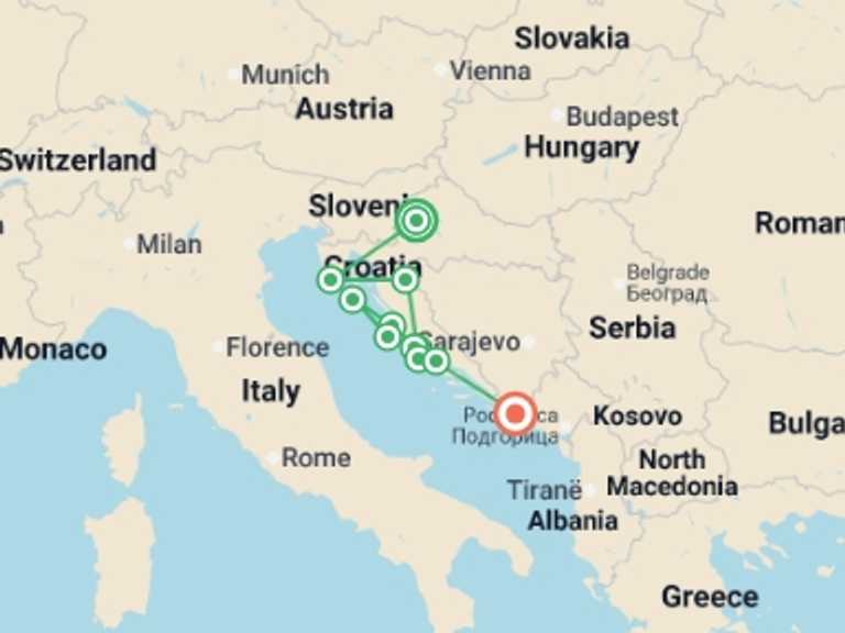Map itinerary of Europe Tour in May 2026 with 11 destination visits for the trip: Croatia and the Dalmatian Coast